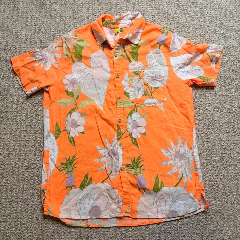 Farm Rio Mens Orange Tropical Floral Pineapple Short Sleeve Button Down Shirt